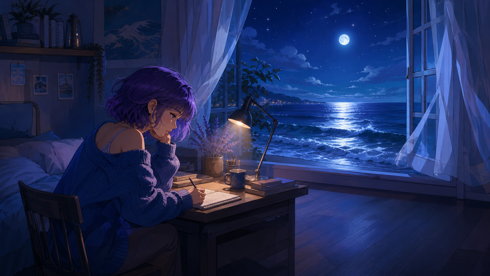 Moonlit Seaside Bedroom local wallpaper preview